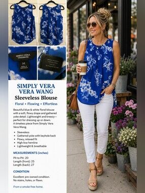 Simply Vera Vera Wang Blue Floral Sleeveless Blouse — Size M